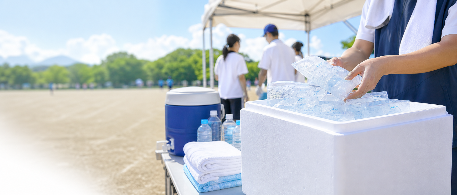 夏の屋外会場で保冷箱から氷パックを準備する様子