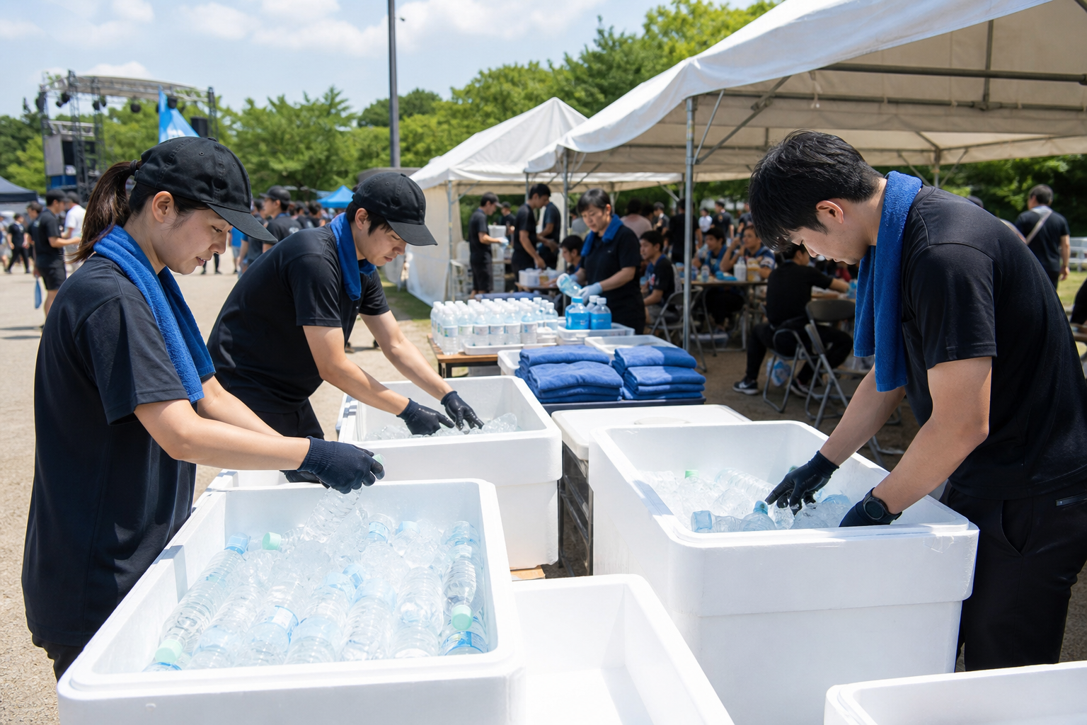 大型の屋外イベントで氷と冷たい飲料を準備するスタッフ