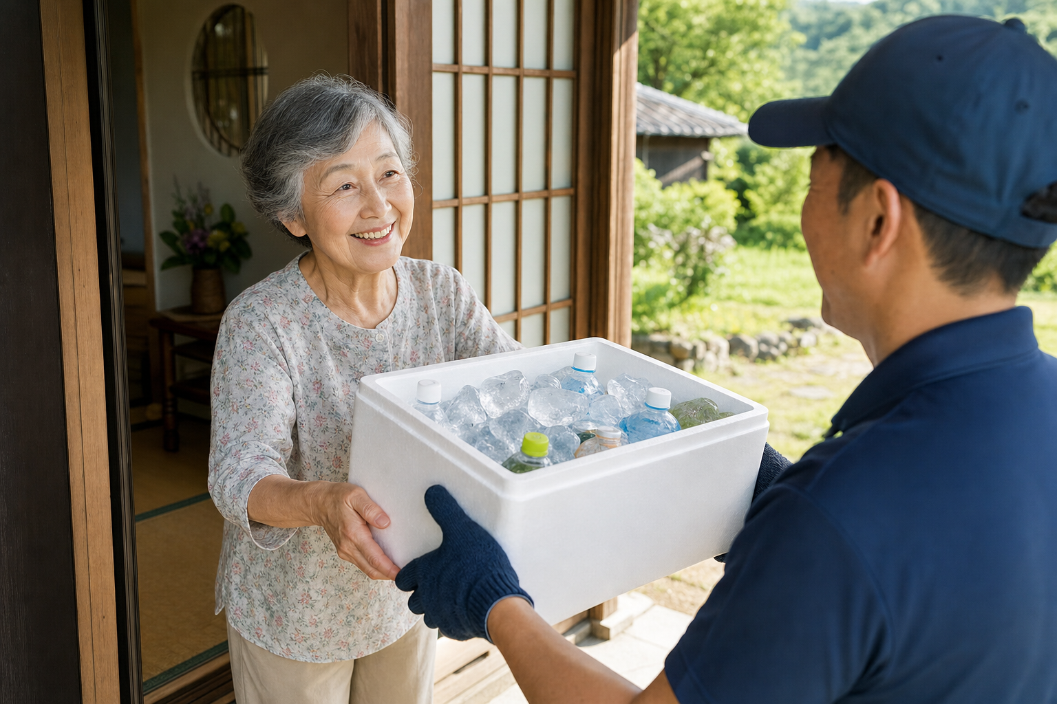 田舎の家で氷入りの箱を受け取る高齢女性